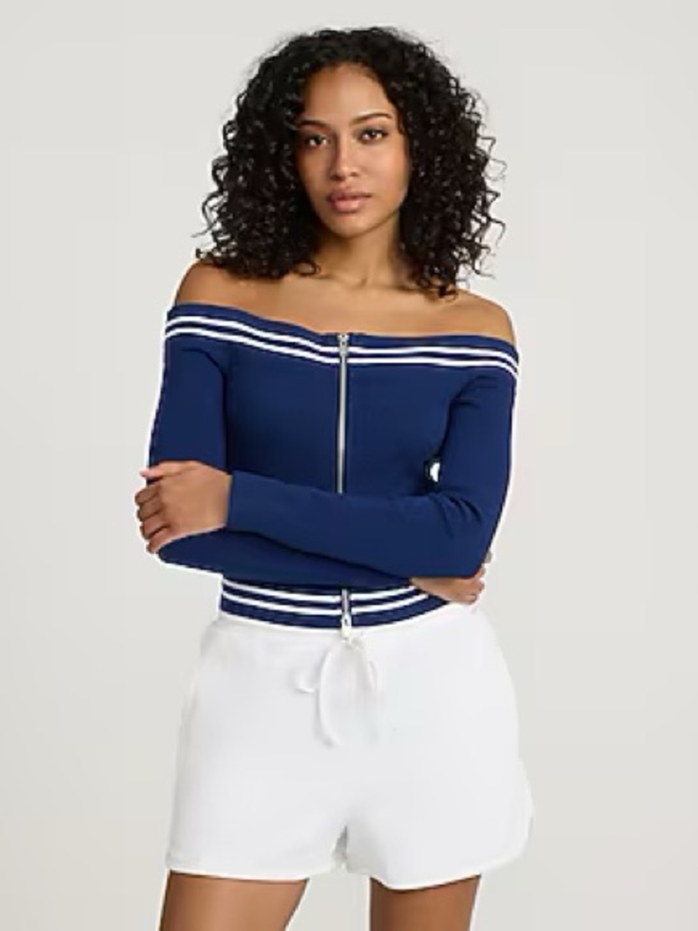 Express Navy Off-Shoulder Zip Top with White Stripe